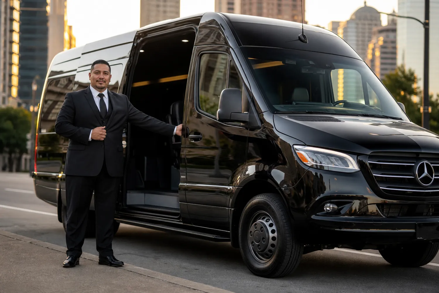 A Houston Van Service chauffeur beside a Mercedes-Benz Sprinter