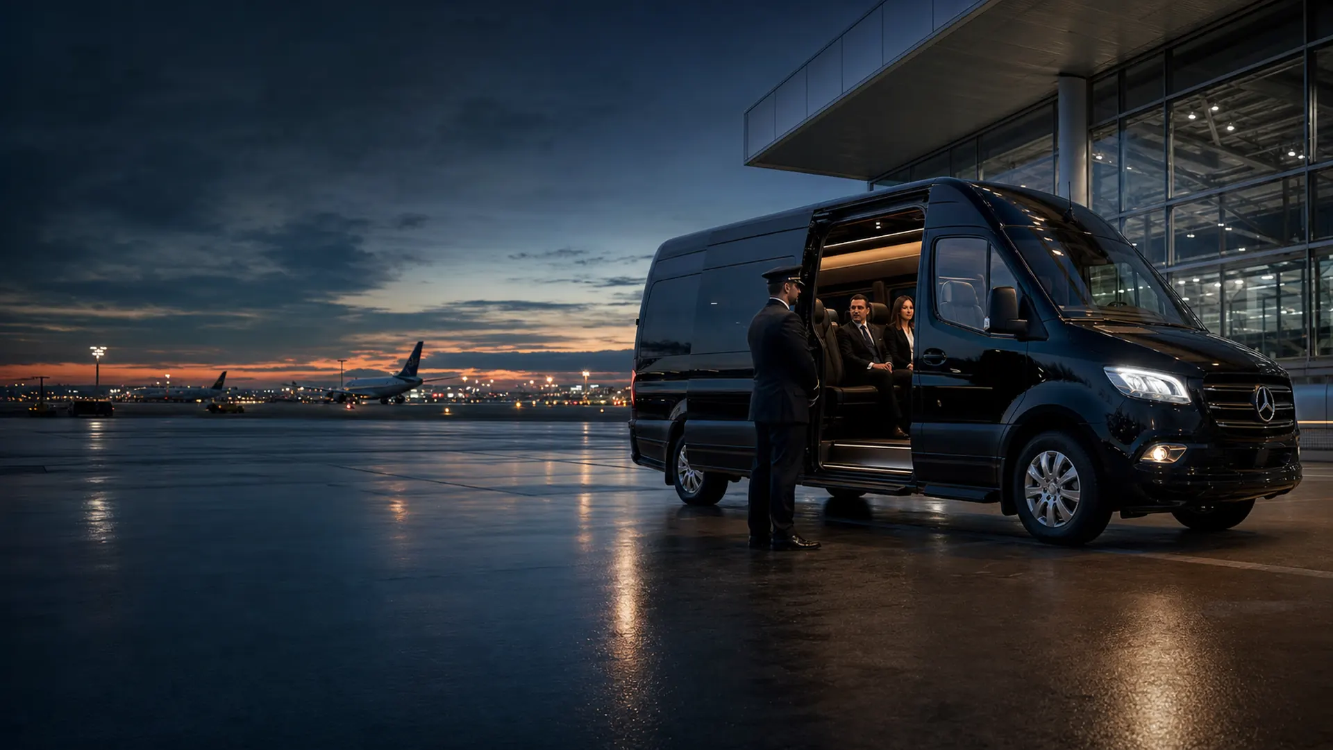 Executives boarding a Houston Van Service chauffeured Mercedes-Benz Sprinter at the airport at dusk