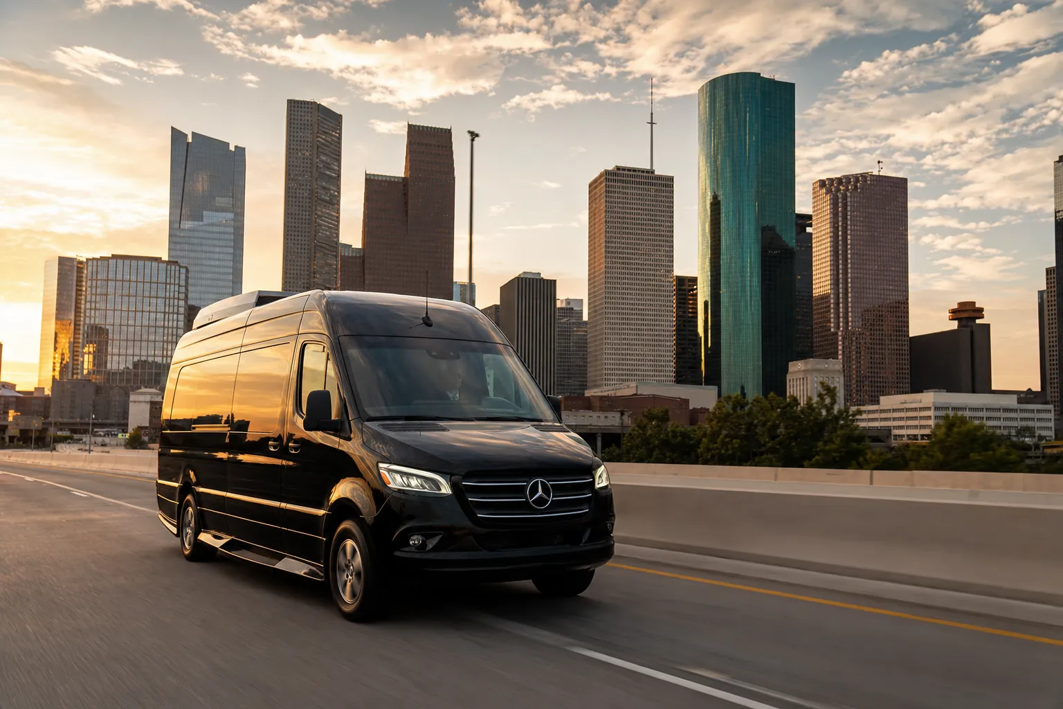 A Houston Van Service Mercedes-Benz Sprinter on the road with the Downtown Houston skyline
