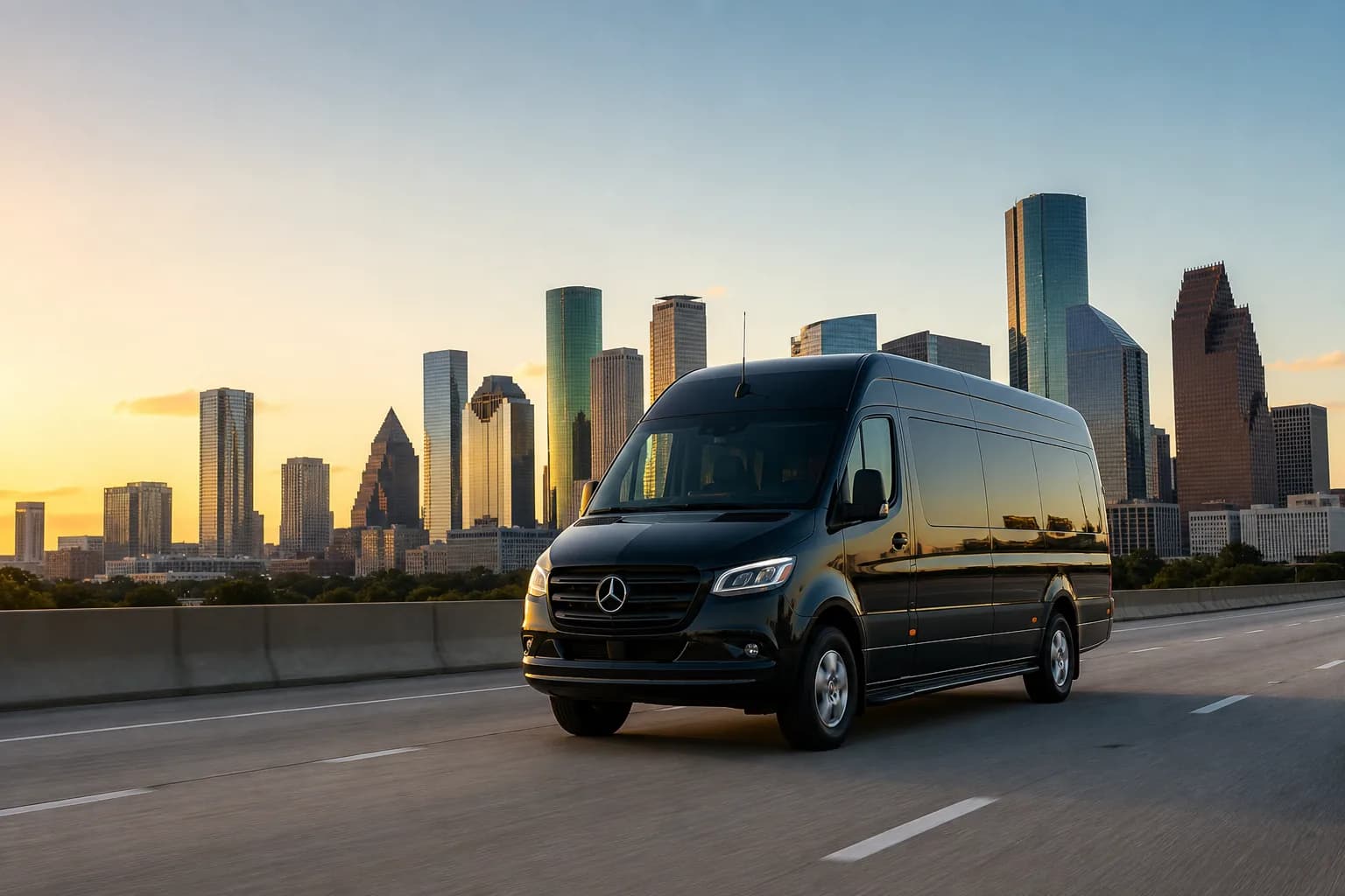 A black Mercedes-Benz Sprinter on a Houston highway with the Downtown skyline at sunset