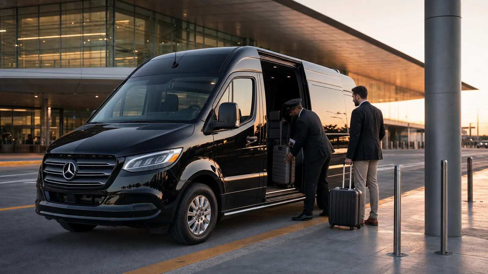 Chauffeur loading luggage into a Houston Van Service Sprinter at the airport terminal
