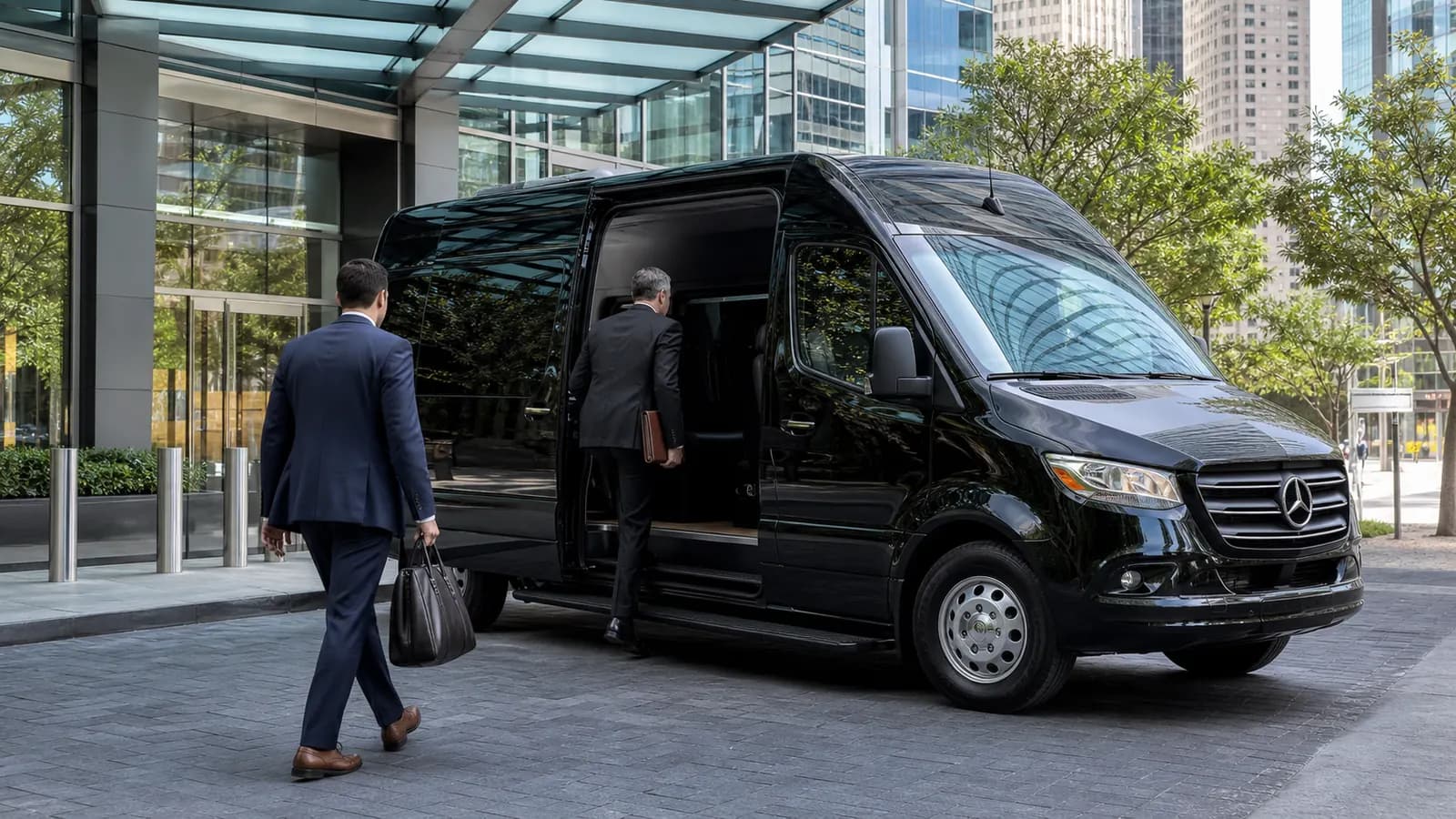 Executives boarding a chauffeured Sprinter in downtown Houston